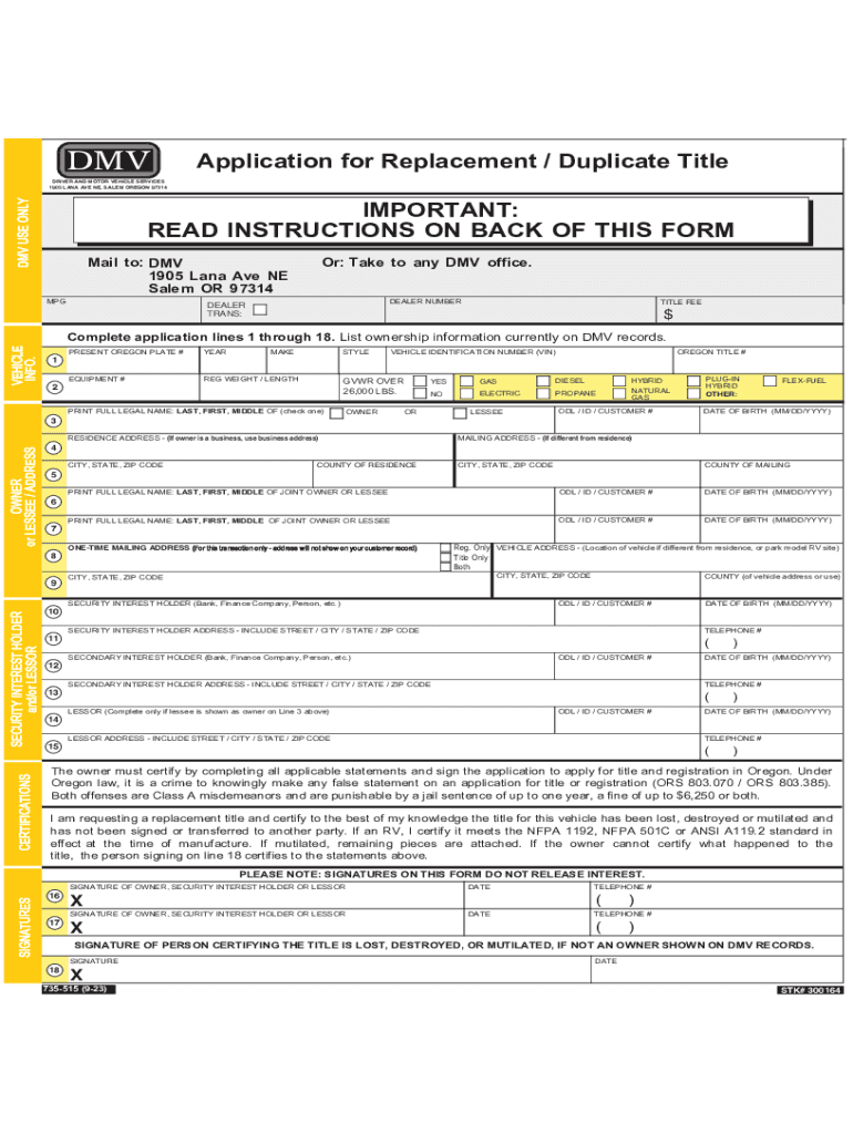  735 515 Application for ReplacementDuplilcate Title 2022