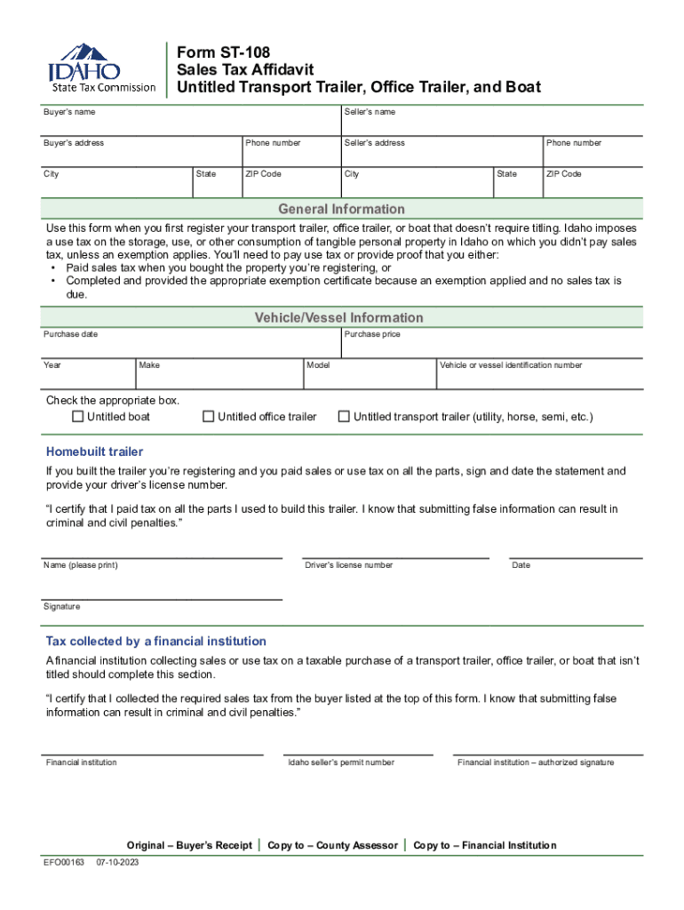 Form ST 108, Sales Tax Affidavit Untitled Transport Trailer, Office Trailer, and Boat