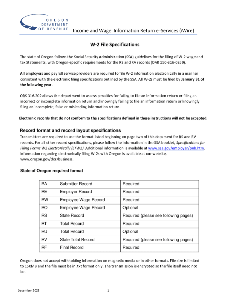 Oregon Department of Revenue W 2 File Specfications  Form