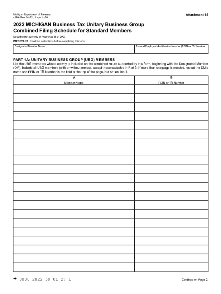  4580, Michigan Business Tax Unitary Business Group Combined Filing Schedule for Standard Members 2021