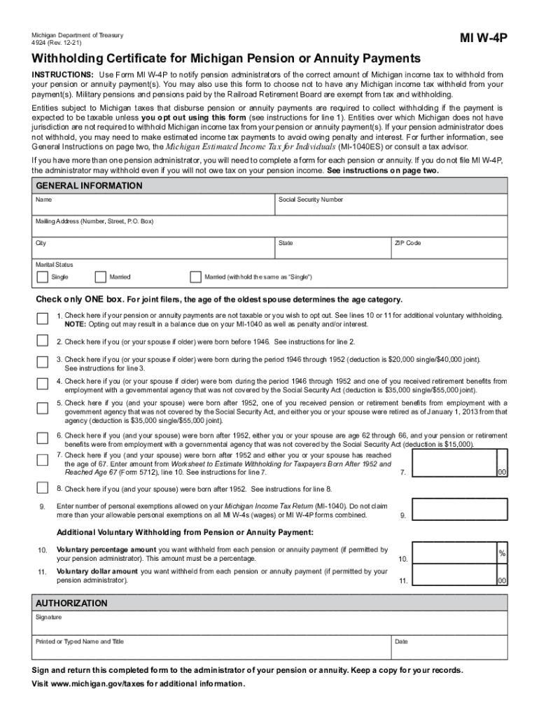 4924, Withholding Certificate for Michigan Pension or Annuity Payments MI W 4P  Form