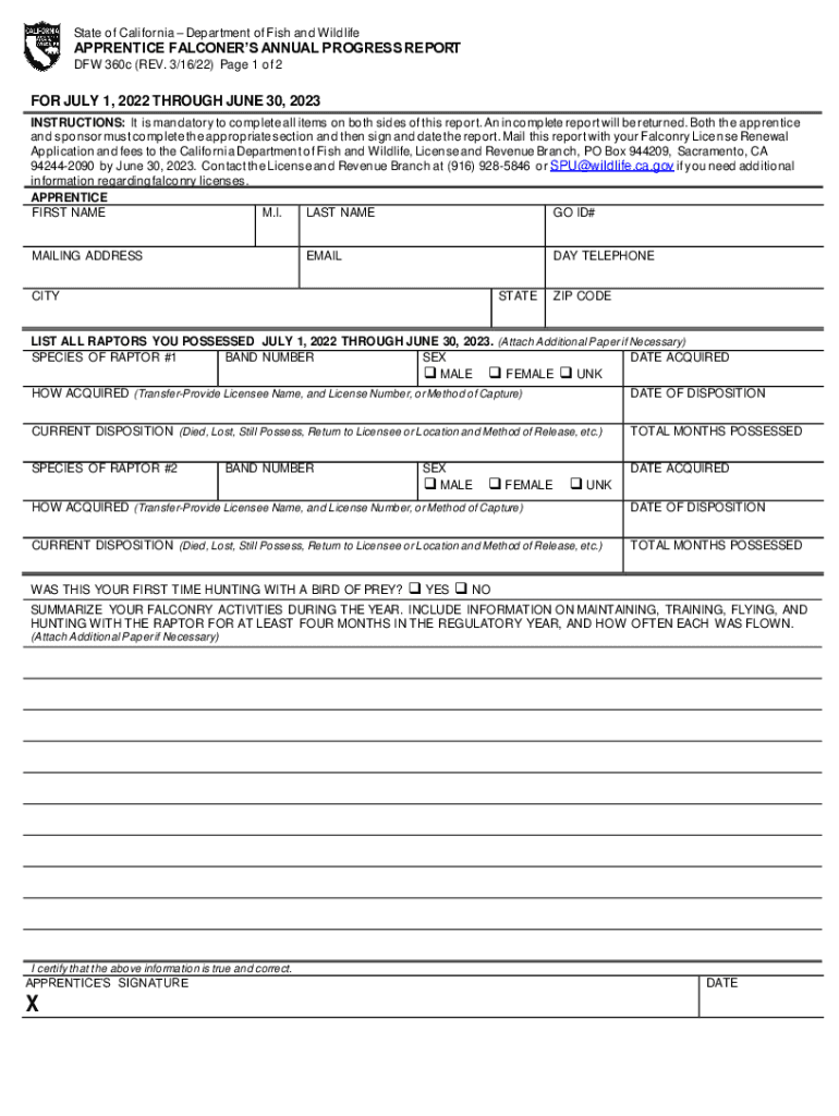 Apprentice Falconer&#039;s Annual Progress Report Falconry License  Form