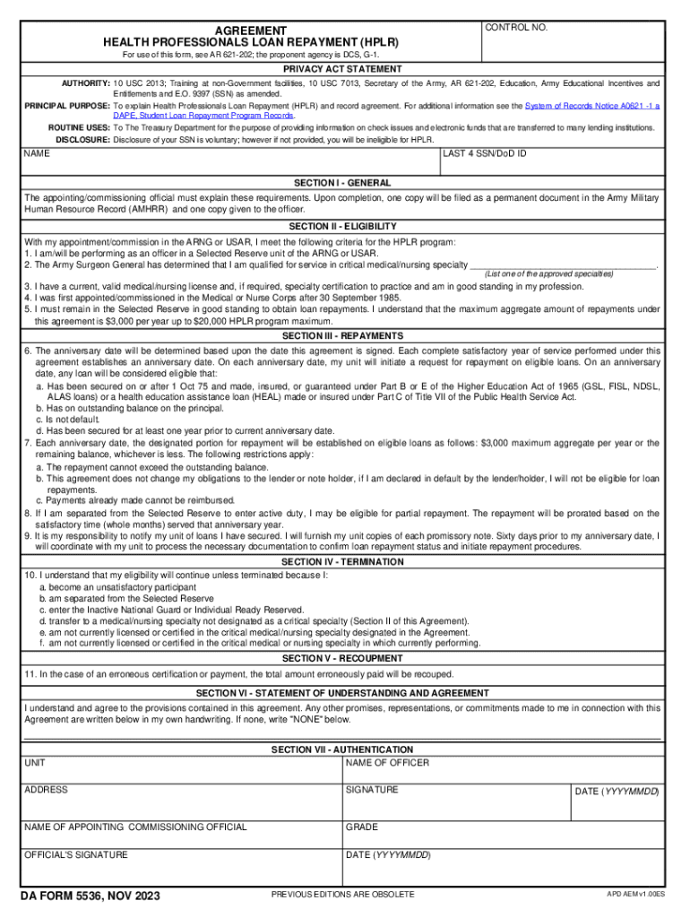 AGREEMENT HEALTH PROFESSIONALS LOAN REPAYMENT HPLR DA FORM 5536, NOV