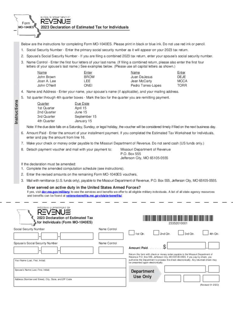 Form MO 1040ES Declaration of Estimated Tax for Individuals