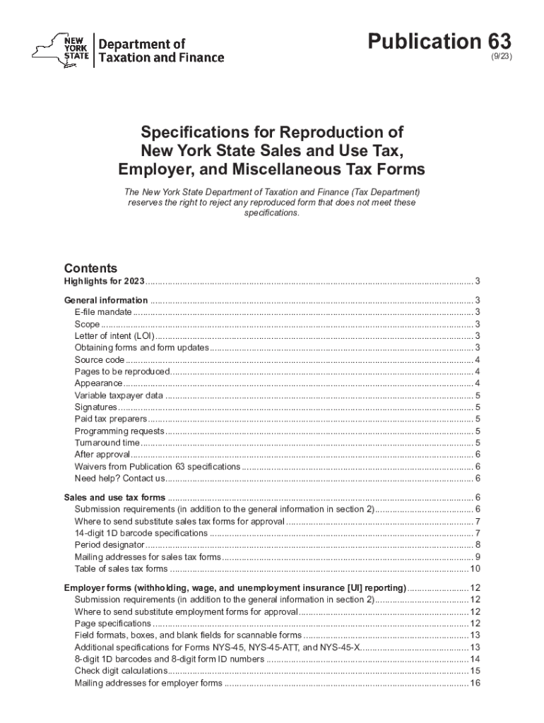 Publcation 63 Specifications for Reproduction of New York State Sales and Use Tax, Employer, and Miscellaneous Tax Forms Revised