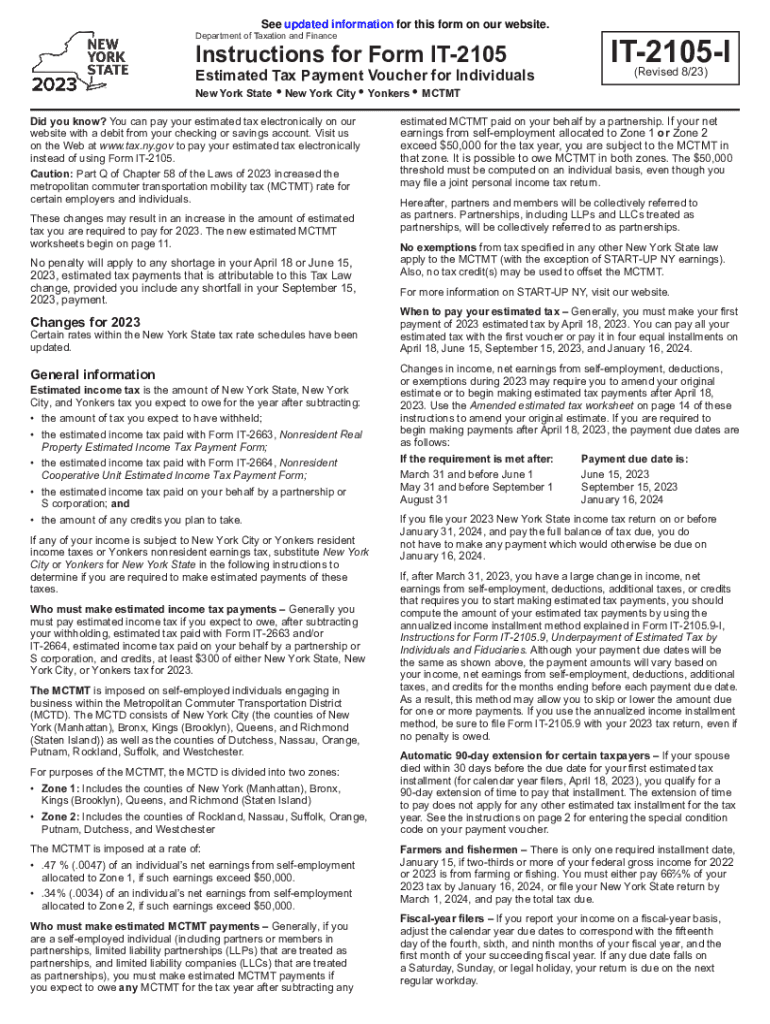 Instructions for Form it 2105 Estimated Income Tax Payment Voucher for Individuals New York State, New York City, Yonkers MCTMT 