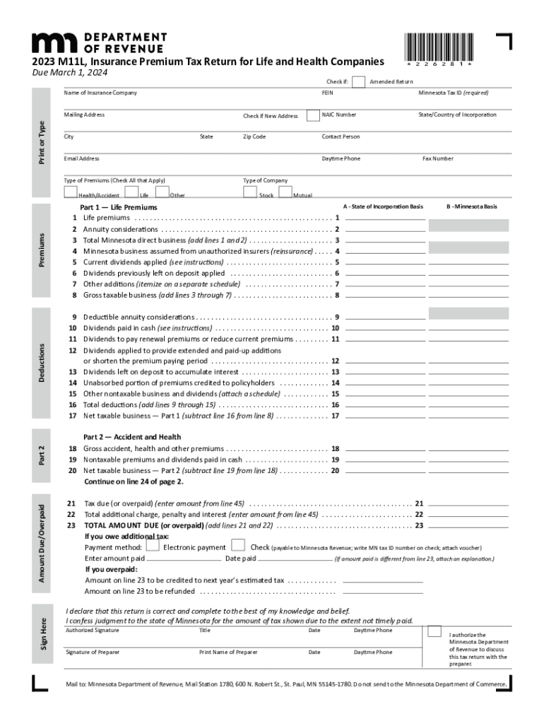 M11L, Insurance Premium Tax Return for Life and Health Companies  Form