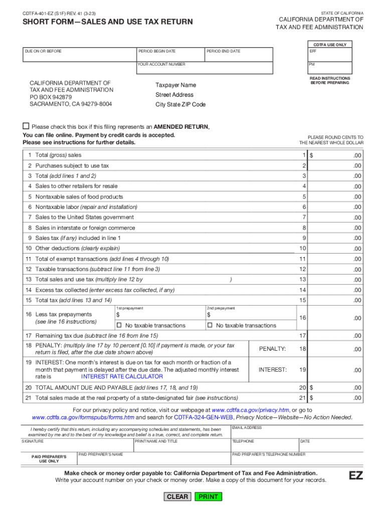 CDTFA 401 EZ, Short Form Sales and Use Tax Return