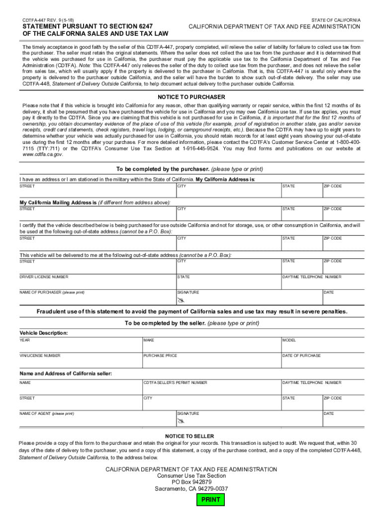 CDTFA 447, Statement Pursuant to Section 6247 of the California Sales and Use Tax Law  Form