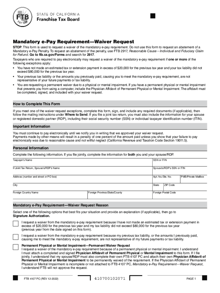 FTB 4107 Mandatory E Pay Requirement Waiver Request  Form