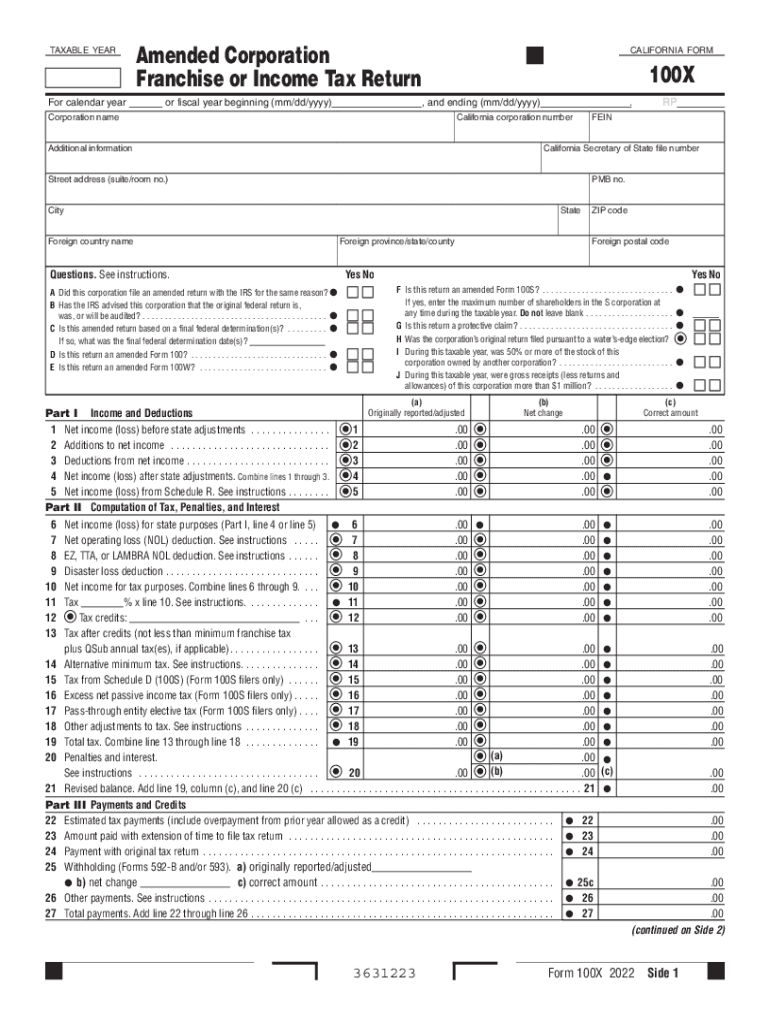 Form 100x Amended Corporation Franchise or Income Tax Return