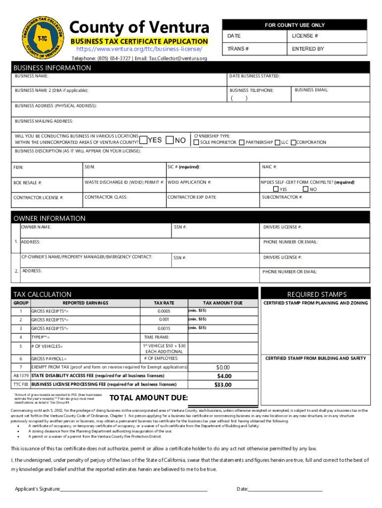 Business LicenseNew ApplicationsTreasurer Tax  Form