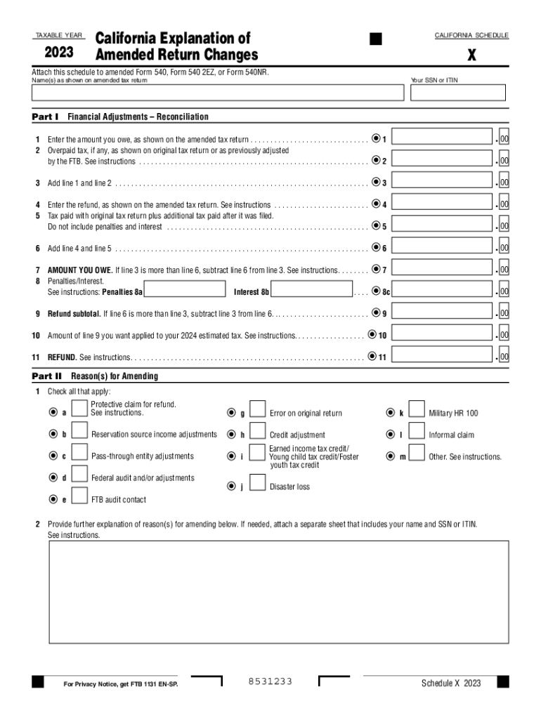 California Form 540 X California Explanation of Amended