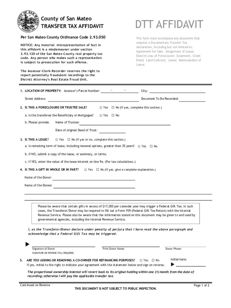 DTT AFFIDAVIT County of San Mateo TRANSFER TAX  Form