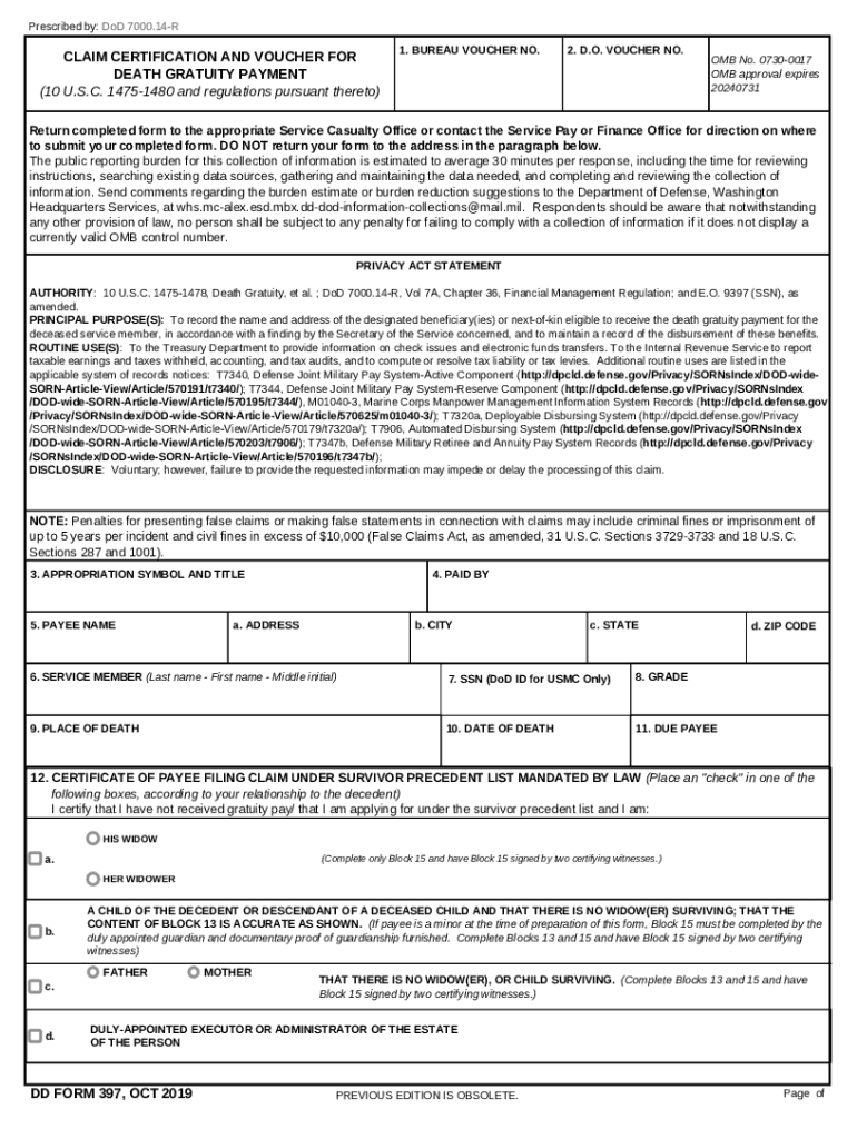 DD Form 397, &amp;quot; Claim Certification and Voucher for Death Gratuity Payment &amp;quot; Dd0397 PDF