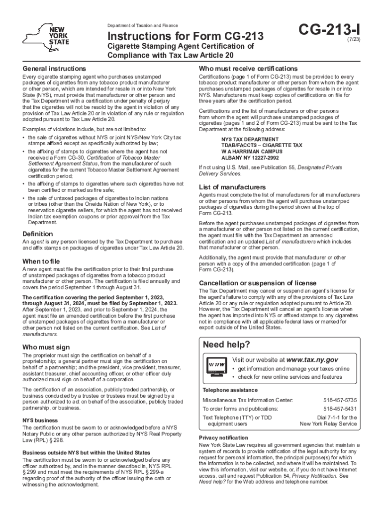  Instructions for Form CG 213 Cigarette Stamping Tax NY Gov 2023-2024