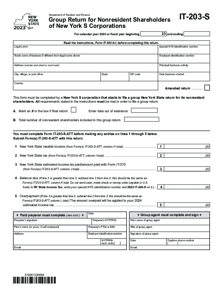  Form it 203 S Group Return for Nonresident Shareholders of New York S Corporations Tax Year 2023-2024