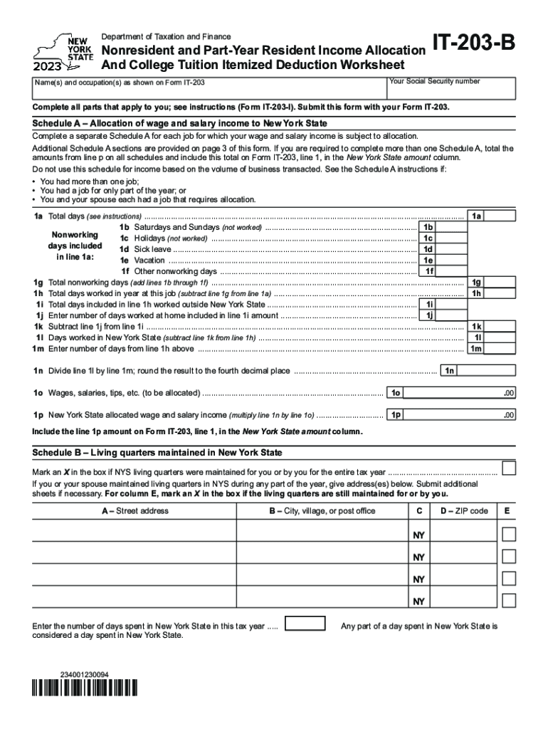 Form it 203 B Nonresident and Part Year Resident Income Allocation and College Tuition Itemized Deduction Worksheet Tax Year 2023-2024
