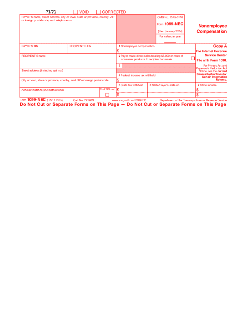 Form 1099 NEC Rev January 2024 Nonemployee Compensation