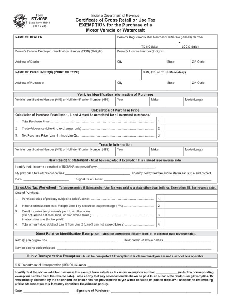 ST 108 Indiana Department of Revenue Certificate of  Form