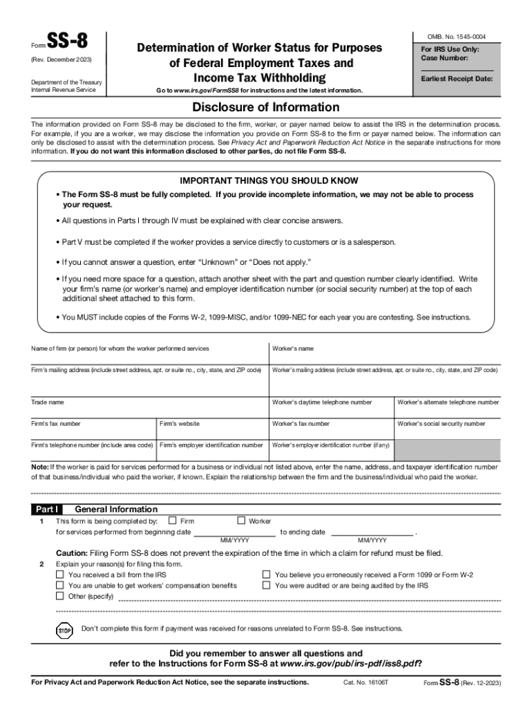Form SS 8 Rev December Determination of Worker Status for Purposes of Federal Employment Taxes and Income Tax Withholding