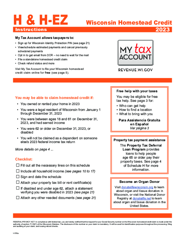  I 016a Schedule H &amp;amp; H EZ Instructions Wisconsin Homestead Credit 2022