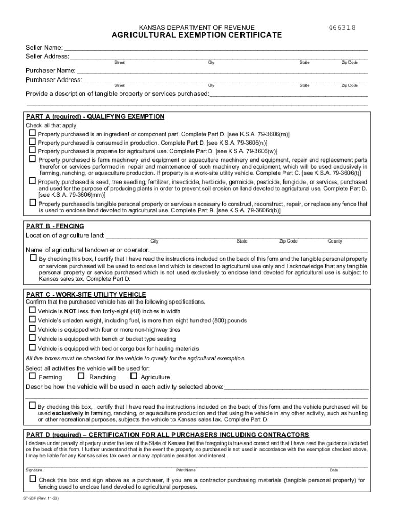 ST 28F Agricultural Exemption Certificate Rev 8 22 Farmers, Ranchers, Feedlots, Fisheries, Grass Farms, Nurseries, Christmas Tre  Form