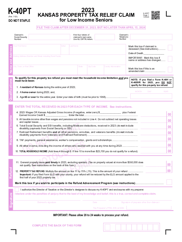  K 40PT Property Tax Relief Claim for Low Income Seniors 2022