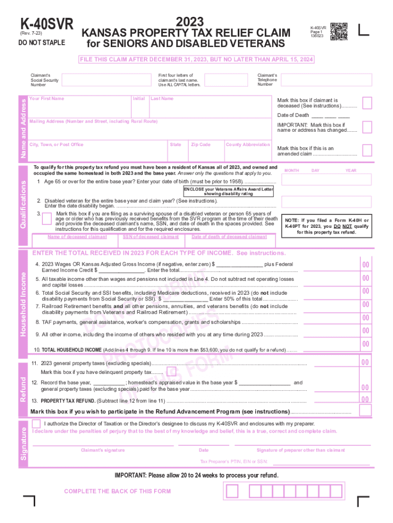 K 40SVR Property Tax Relief Claim for Seniors and  Form