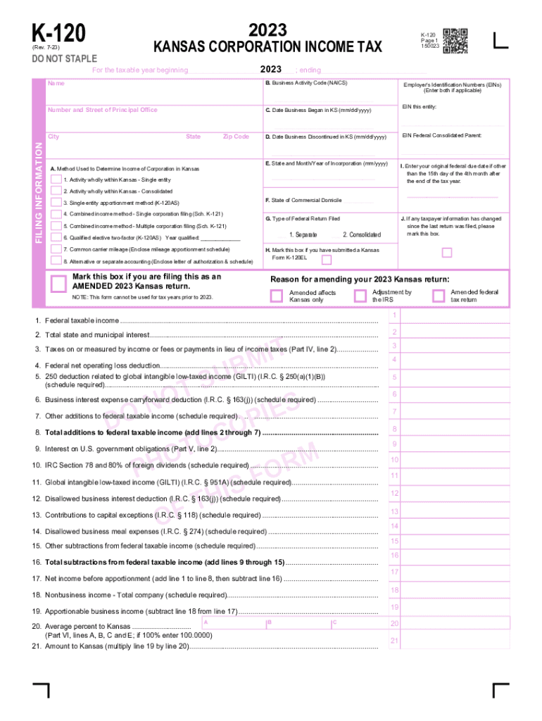  K 120 Corporation Income Tax Return Rev 7 23 Return Used to File for Corporate Income Tax Owed to Kansas 2022