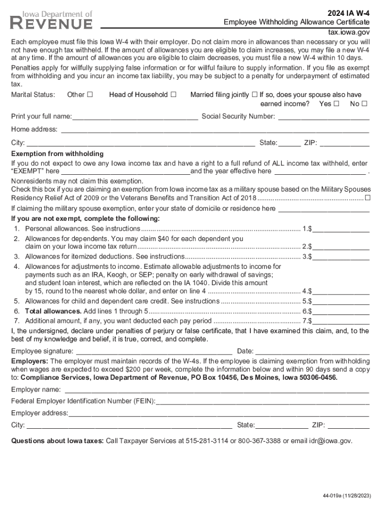  IA W 4 Employee Withholding Allowance Certificate Tax Iowa Gov 2017