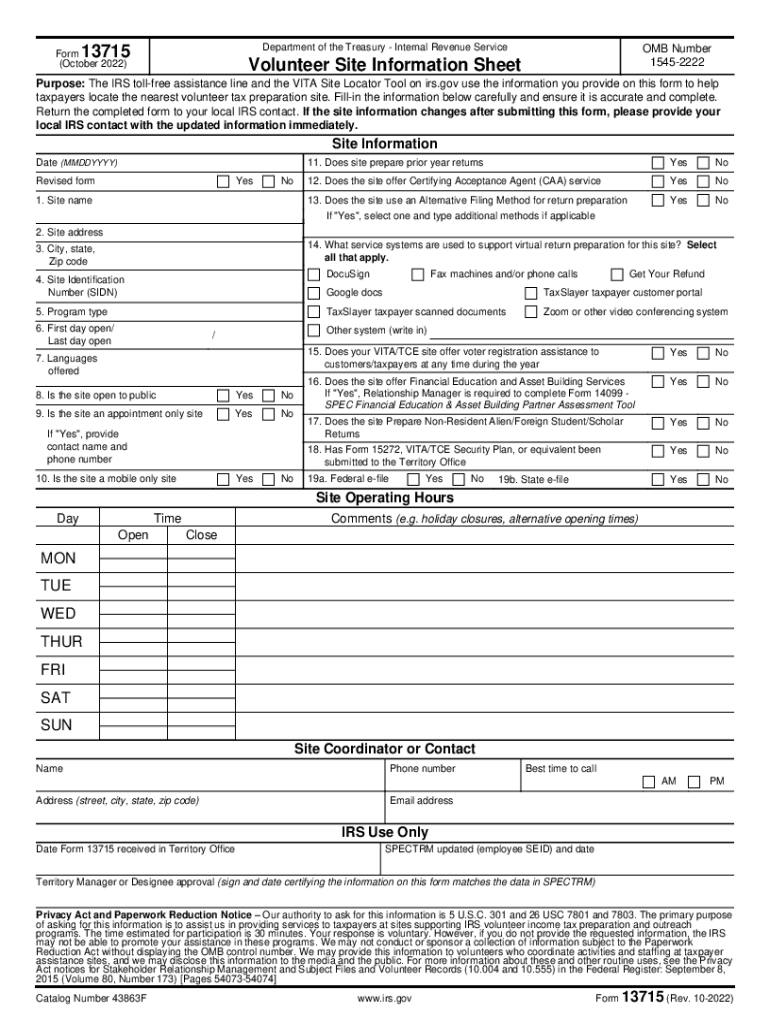  Form 13715 Rev 10 Volunteer Site Information Sheet 2022-2024