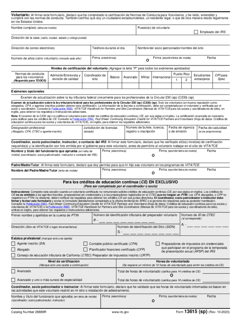  Form 13615 Sp Rev 10 Volunteer Standards of Conduct AgreementVITATCE Programs Spanish Version 2023-2024