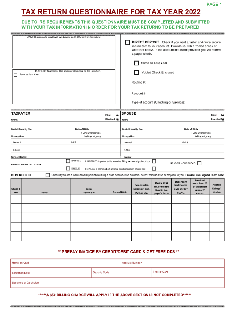 DUE to IRS REQUIREMENTS THIS QUESTIONNAIRE MUST BE COMPLETED and SUBMITTED 2022-2024