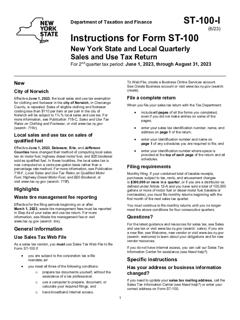  Instructions for Form ST 100, New York State and Local Quarterly Sales and Use Tax Return, for 1st Quarter Tax Period 2023-2024