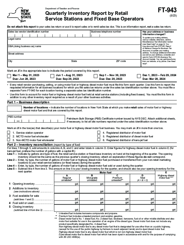  Form FT 943897 Quarterly Inventory Report by Tax NY Gov 2023-2024