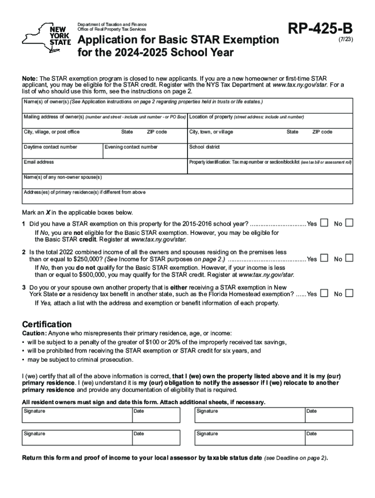  Form RP 425 B Application for Basic STAR Exemption for the 2025 School Year Revised 723 2023-2024
