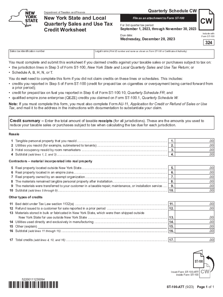  Form ST 100 ATT New York State and Local Quarterly Sales and Use Tax Credit Worksheet Revised 923 2023-2024