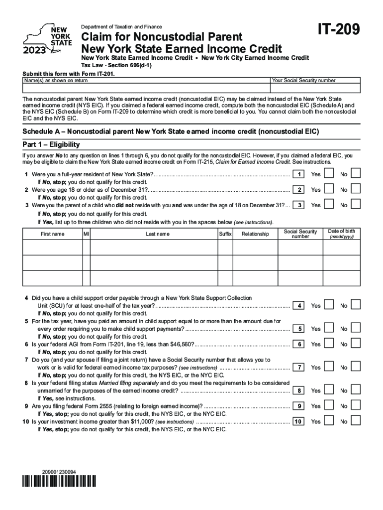  Form it 209 Claim for Noncustodial Parent New York State Earned Income Credit Tax Year 2023-2024
