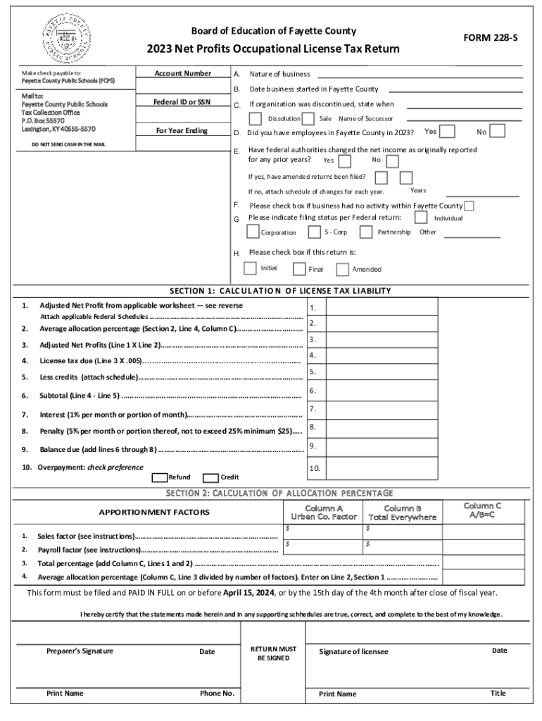  Net Profits Occupational License Tax Return 2023-2024