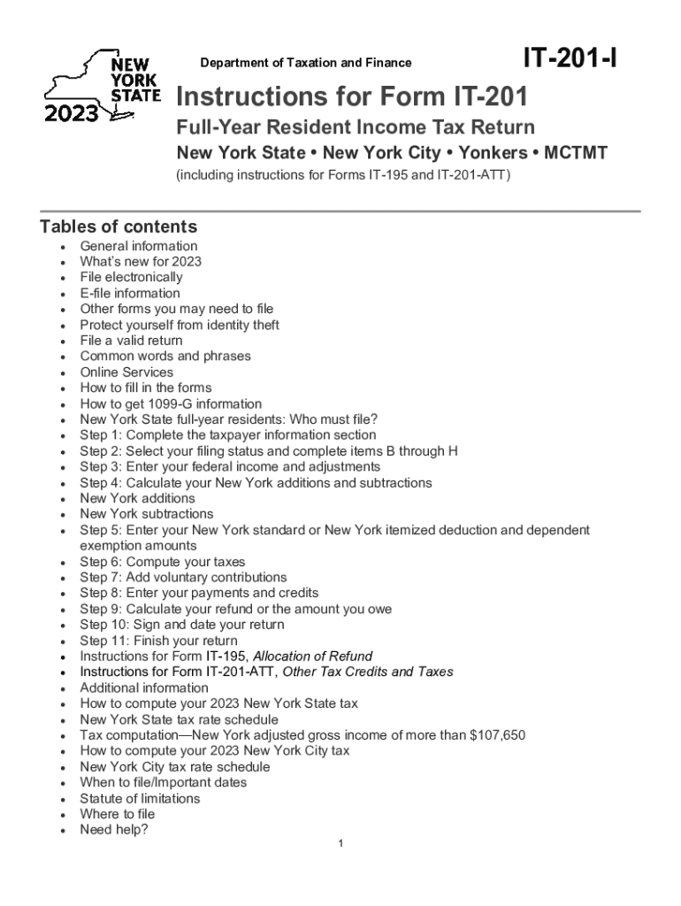 Instructions for Form it 201, Full Year Resident Income Tax Return, New York StateNew York CityYonkersMCTMT Including Instructio 2023-2024
