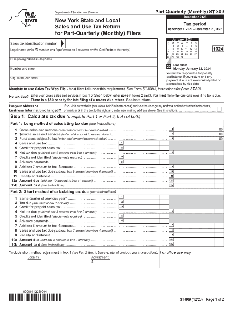  Form ST 809 New York State and Local Sales and Use Tax Return for Part Quarterly Monthly Filers Revised 1223 2023-2024