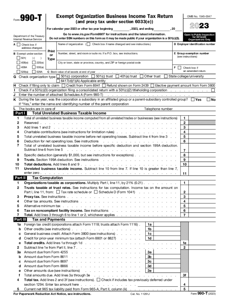  Form 990 T Exempt Organization Business Income Tax Return and Proxy Tax under Section 6033e 2023-2024