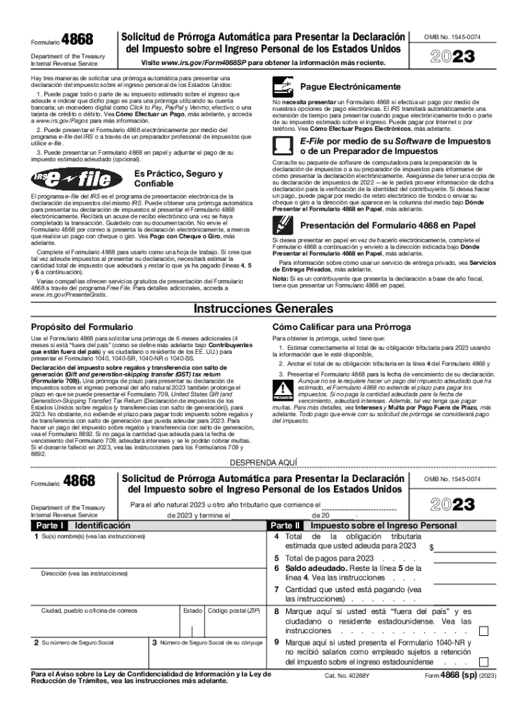  Form 4868 Sp Application for Automatic Extension of Time to File U S Individual Income Tax Return Spanish Version 2023-2024