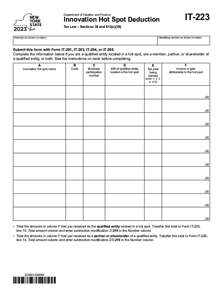  Form it 223 Innovation Hot Spot Deduction Tax Year 2023-2024