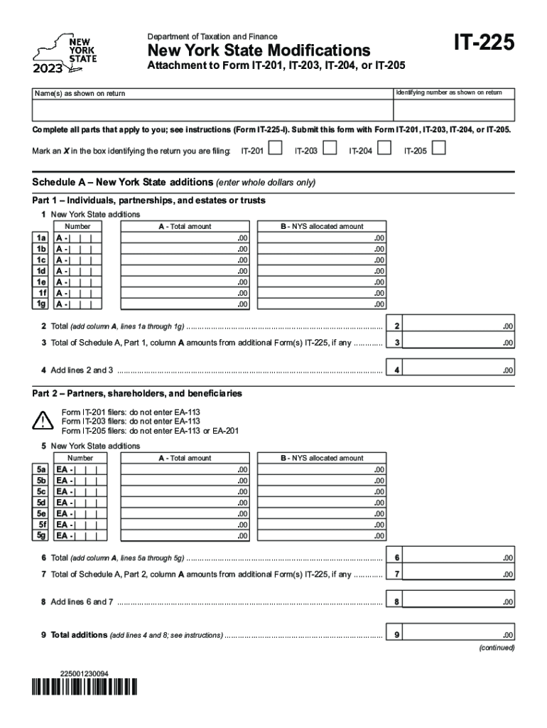  New York Form it 225 New York State Modifications 2023-2024