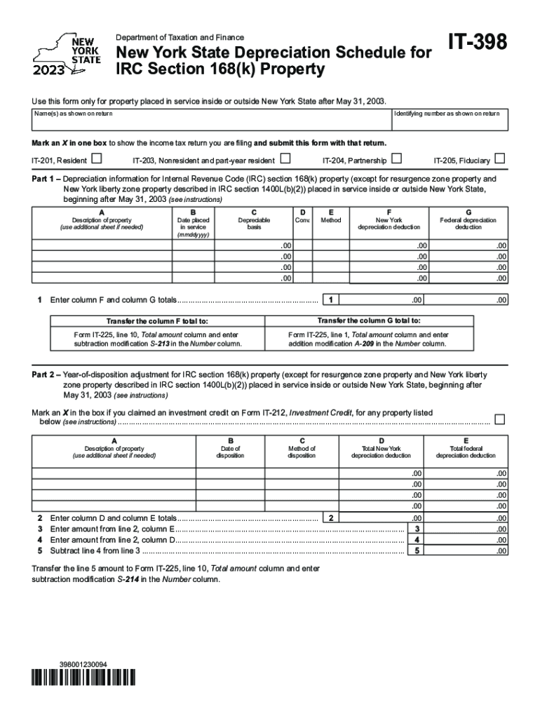  Form it 398 New York State Depreciation Schedule for IRC Section 168k Property Tax Year 2023-2024