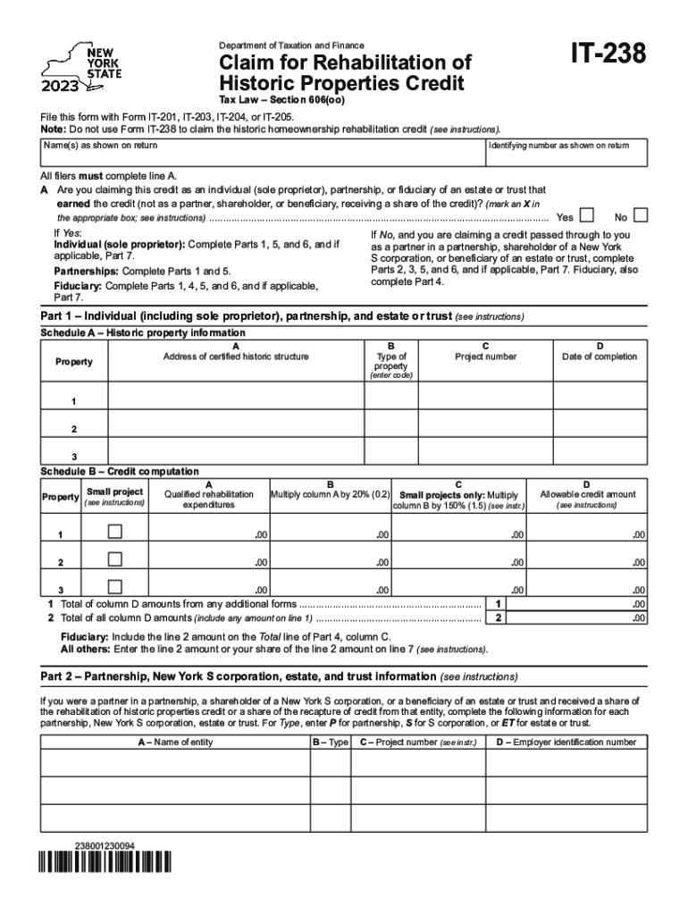  Form it 238 Claim for Rehabilitation of Historic Properties Credit Tax Year 2023-2024