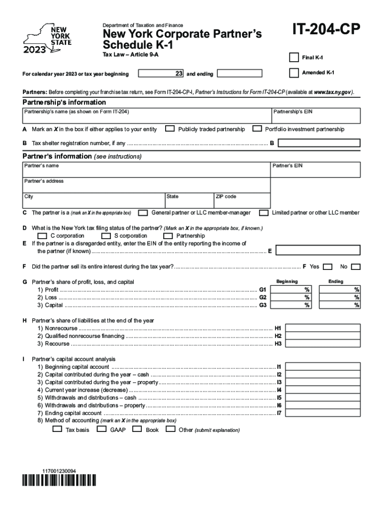  Form it 204 CP New York Corporate Partners Schedule K 1 Tax Year 2023-2024