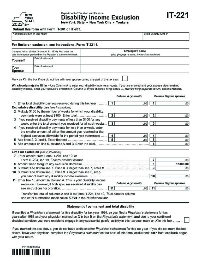  Fillable Online Tax Ny Form it 221 , Disability Income 2023-2024